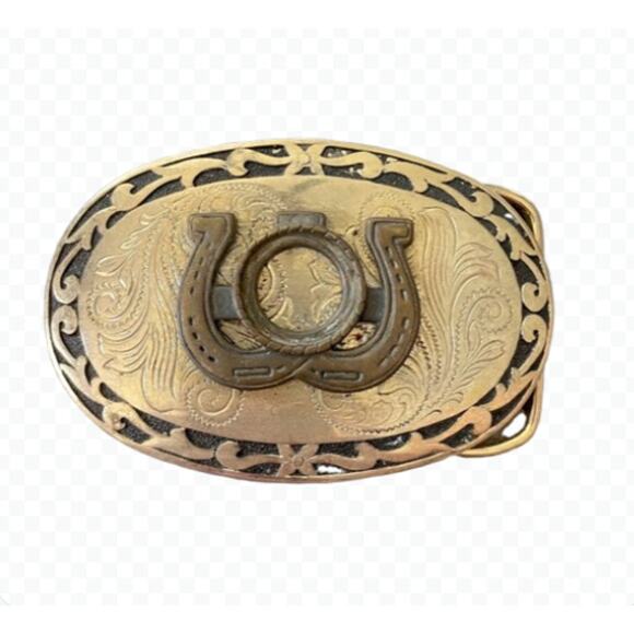 Vintage Unbranded Western Cowboy Horseshoe Belt Buckle Gold Tone Filigree - Picture 1 of 4
